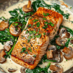 Garlic Butter Salmon with Spinach & Mushrooms in Creamy Sauce