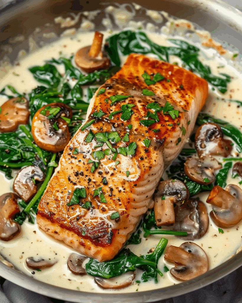 Garlic Butter Salmon with Spinach & Mushrooms in Creamy Sauce