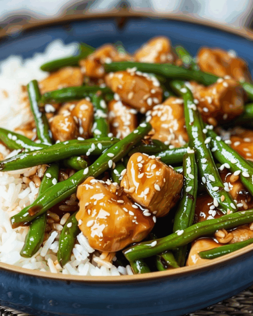 Healthy Sesame Chicken with Green Beans and Rice