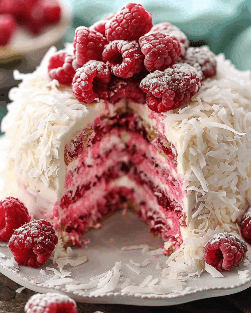 Raspberry Swirl Coconut Snowball Cake