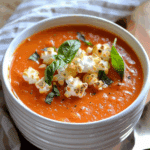 Creamy Tomato Basil Soup with Popcorn Croutons