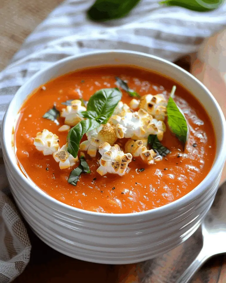 Creamy Tomato Basil Soup with Popcorn Croutons