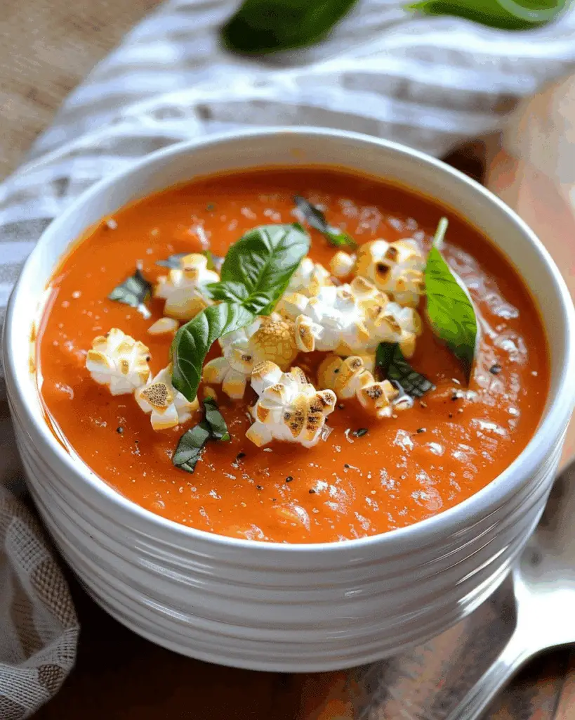 Creamy Tomato Basil Soup with Popcorn Croutons