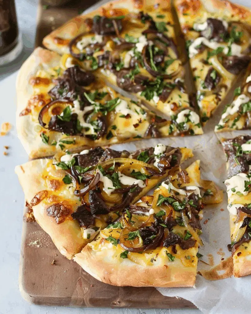 Pizza with Mozzarella, Caramelized Onions and a Smoked Gouda Cream Sauce