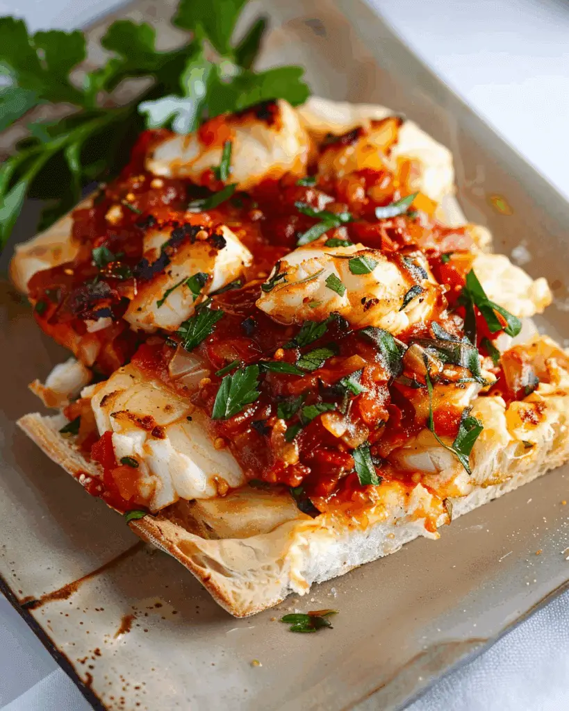 Cod Focaccia Sandwich With a Red Tomato Sauce