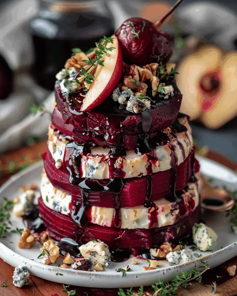 Roasted Beet Blue Cheese Towers with Pear & Balsamic Glaze