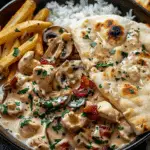 Creamy Chicken Stroganoff with Mushrooms, Rice, Garlic Naan & Crispy Fries