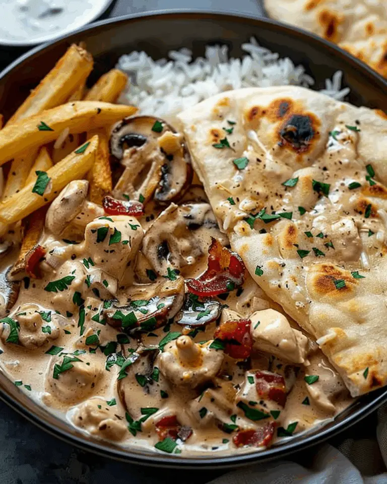 Creamy Chicken Stroganoff with Mushrooms, Rice, Garlic Naan & Crispy Fries