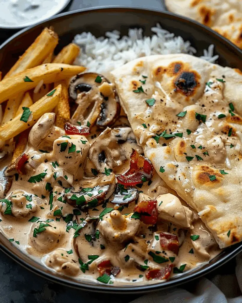 Creamy Chicken Stroganoff with Mushrooms, Rice, Garlic Naan & Crispy Fries