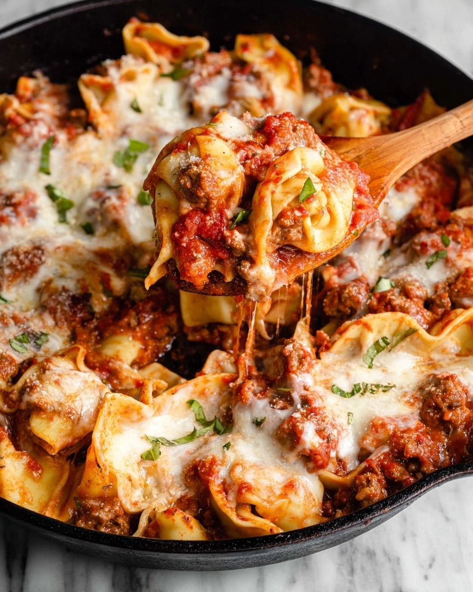 This image shows a black skillet filled with a layered pasta dish. The bottom layer is folded pasta with a light golden color, some edges showing slight browning. Above that, there are thick pieces of reddish-brown sausage and chunky red tomato sauce spread unevenly. On top, melted white cheese is generously covering parts of the dish, with some areas bubbling and slightly browned. Small green herb leaves are sprinkled on top for garnish. A wooden spoon lifts a spoonful from the skillet, showing a mix of pasta, sauce, cheese, and sausage. The skillet rests on a white marbled surface photo taken with an iphone --ar 4:5 --v 7