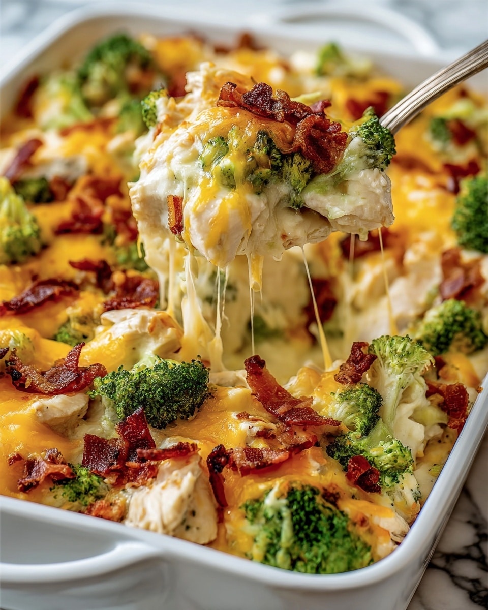 The image shows a white rectangular baking dish filled with a layered casserole. The top layer is covered with melted golden-yellow cheese that stretches as a fork lifts a portion. Scattered on top are green broccoli florets and crispy, dark brown bacon pieces. Under the cheese, chunks of white chicken and more green broccoli are visible. The background surface is a white marbled texture. Photo taken with an iphone --ar 4:5 --v 7