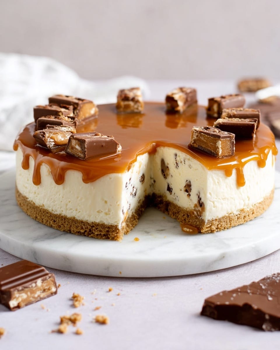 The image shows a three-layered round cake sitting on a white marble surface. The bottom layer is a dense, golden brown crust with a slightly crumbly texture. Above it is a thick, creamy off-white layer mixed with small dark chunks inside. The top layer is a smooth caramel sauce, glossy and amber in color, dripping slightly over the sides. Chopped pieces of chocolate-covered candy bars with a light filling are spread evenly around the top edge of the cake. Pieces of the same candy bars are scattered on the marble surface around the cake. In the blurred background, there is a glass bottle of milk and a clear glass with a spoon inside. Photo taken with an iphone --ar 4:5 --v 7