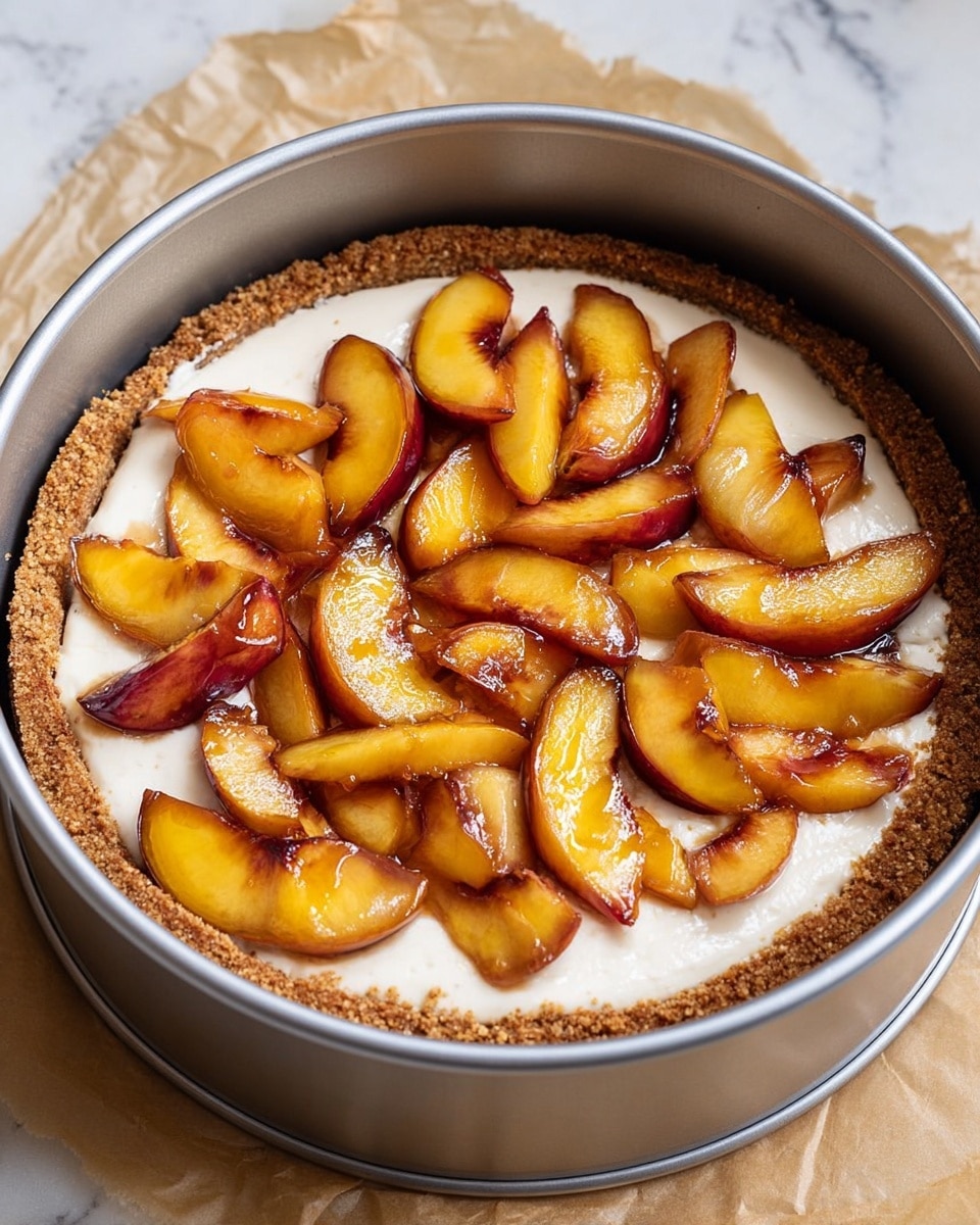 The image shows a dessert in a silver springform pan with three layers. The bottom layer is a brown crumbly crust pressed along the edges. The middle layer is a smooth, creamy white filling evenly spread inside the crust. On top, there are many slices of cooked peach arranged in a scattered way, their colors ranging from golden yellow to reddish brown, with a shiny, slightly glazed look. The pan sits on brown parchment paper on a white marbled surface. Photo taken with an iphone --ar 4:5 --v 7