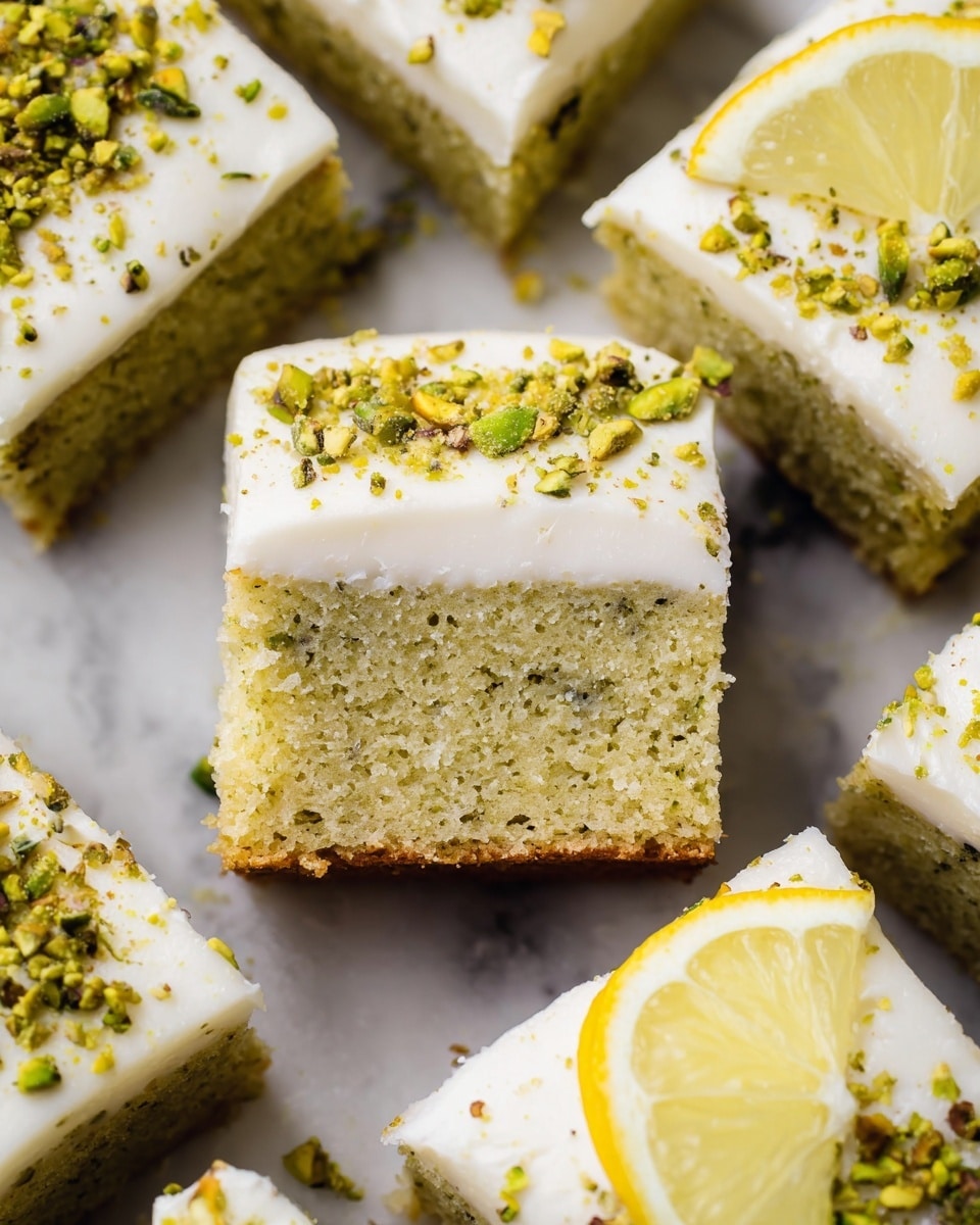 The image shows a close-up of square lemon pistachio cake pieces arranged in a circle on a white marbled surface. Each cake piece has two layers: a moist, light green pistachio cake base with tiny bits of pistachio inside, and a thick, smooth white lemon frosting on top. The frosting is sprinkled with small, chopped green pistachio pieces for texture and color contrast. One piece is taken from the center, giving a clear view of the two layers inside. On the top right, a half lemon slice rests on the frosting, adding brightness to the scene. Photo taken with an iphone --ar 4:5 --v 7