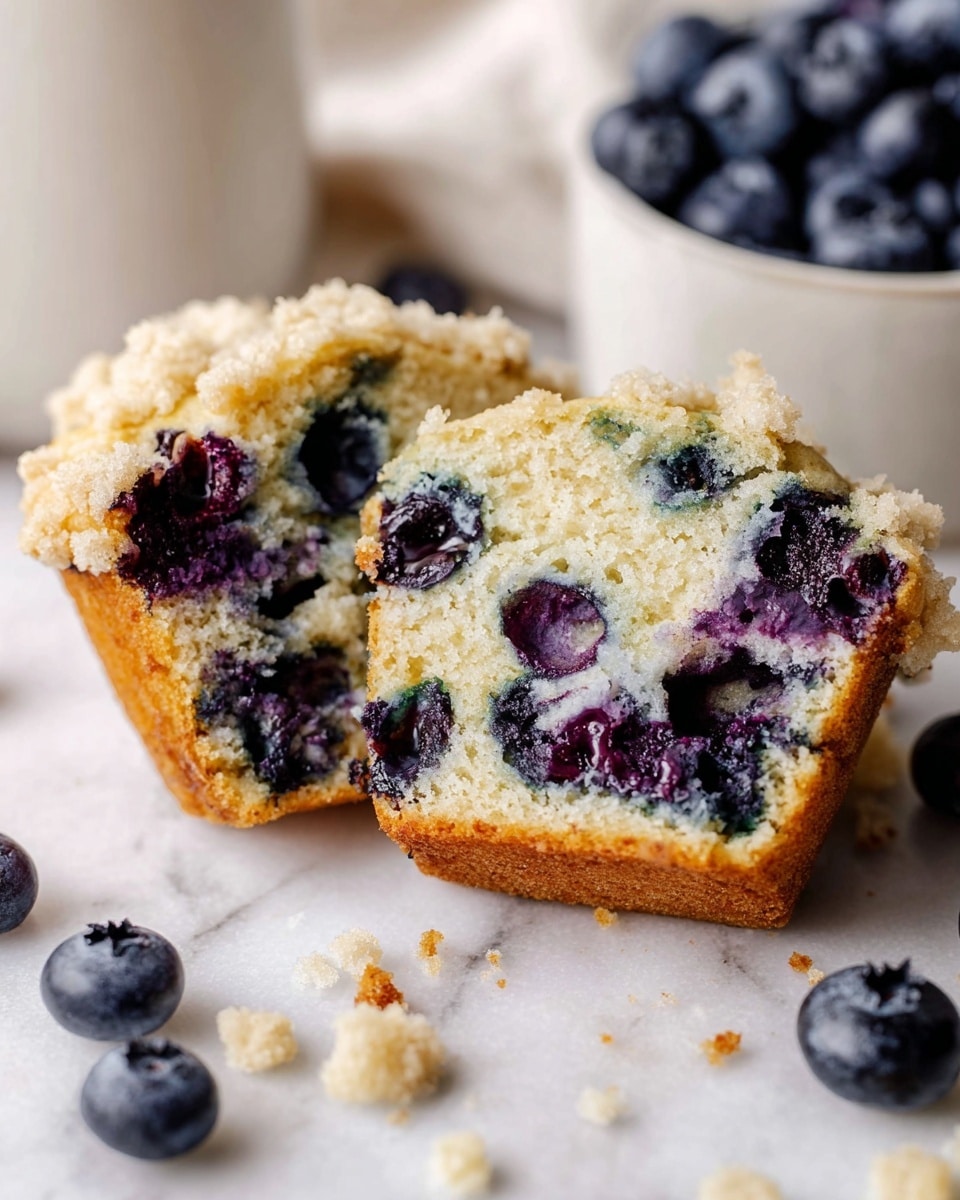 A close-up of a blueberry muffin broken into two pieces, showing its soft, light golden inside filled with many dark purple blueberries scattered evenly throughout. The muffin’s top has a crumbly, pale beige streusel layer. Around the muffin pieces, there are fresh whole blueberries and some crumbs scattered on a white marbled surface. A white bowl filled with more fresh blueberries is partially visible on the right side of the image. photo taken with an iphone --ar 4:5 --v 7