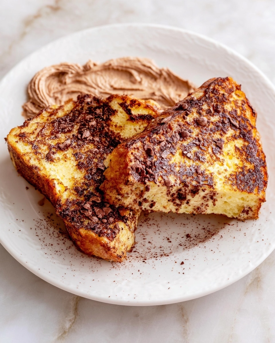 A white plate holds two thick slices of French toast that have a golden-brown, slightly charred surface with visible dark spots of melted chocolate embedded throughout. Each slice is thick and fluffy, showing a soft, light yellow inside. On the sides and edges, there is a swirl of light brown chocolate mousse or spread with a creamy, smooth texture. The plate sits on a white marbled surface. photo taken with an iphone --ar 4:5 --v 7