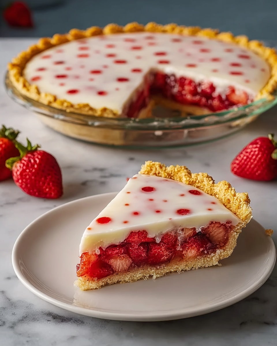 The image shows a slice of pie on a white plate with a thin gold rim. The pie has three layers: the bottom crust is golden and flaky, the middle layer has bright red sliced strawberries neatly arranged side by side, and the top layer is a smooth light pink cream with small colorful sprinkles scattered through it. The pie crust edges are crimped into a wavy pattern. In the background, the rest of the pie sits in a white dish with the same golden crust. A single strawberry and a fork with a wooden handle lay nearby on a white marbled surface. Photo taken with an iphone --ar 4:5 --v 7