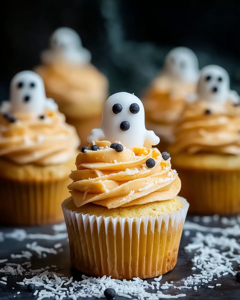 A close-up of a yellow cupcake with a white paper liner, topped with a thick swirl of light orange frosting. On top of the frosting sits a small white ghost-shaped decoration with two large black eyes and a small black mouth. Small round black sprinkles are scattered on the frosting. Other similar cupcakes are blurred in the background, all on a dark surface with white coconut flakes scattered around. The background is dark and softly blurred. Photo taken with an iphone --ar 4:5 --v 7