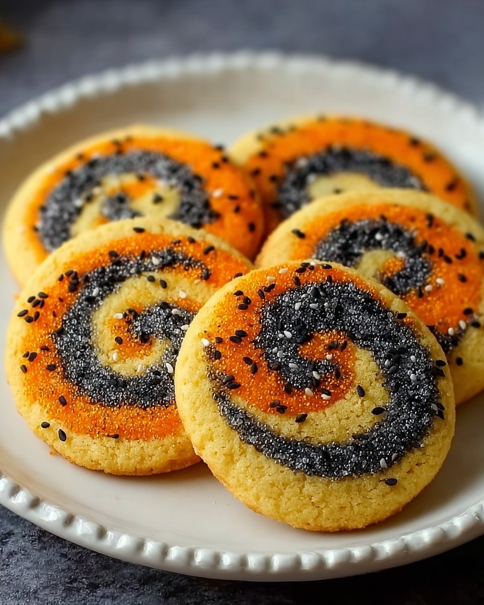 The image shows a white plate with a delicate brown pattern around the edge, holding four round cookies with a spiral design. Each cookie has three layers of color forming the spiral: a yellow base, a bright orange middle ring, and a dark black inner ring. The texture of the cookies looks slightly grainy, and the black and orange spiral layers appear to have small seed-like dots that add texture. The plate is placed on a dark wooden surface. Photo taken with an iphone --ar 4:5 --v 7
