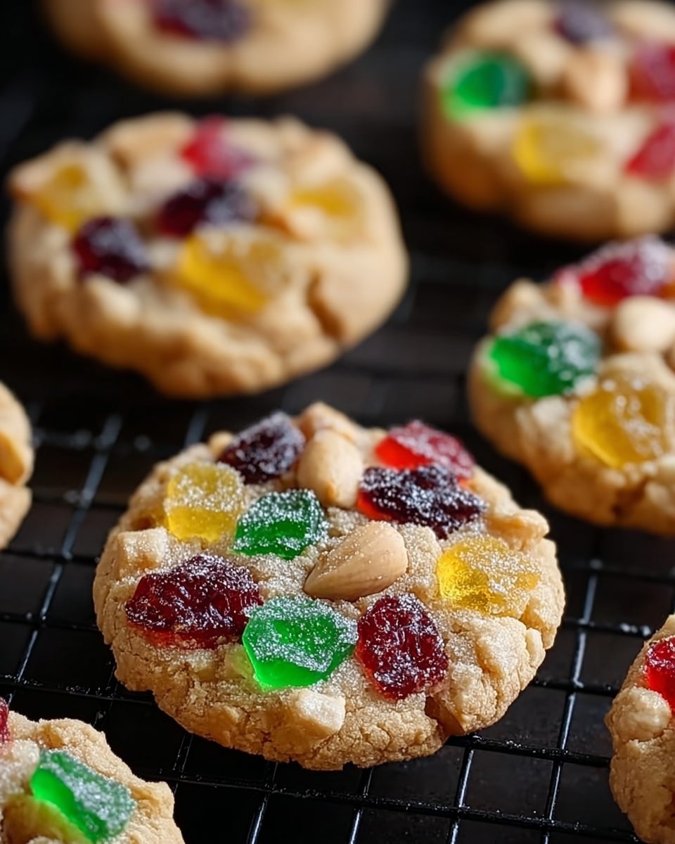 The image shows round cookies on a black cooling rack with a close view of one in front. Each cookie has a golden-brown base with a crumbly texture and is topped with colorful jelly-like pieces in red, yellow, green, and purple, scattered evenly. There are also small chunks of nuts in light brown color embedded among the jelly pieces. The cookies look slightly sugary on top with a light dusting, and the background is out of focus to highlight the cookie details. Photo taken with an iphone --ar 4:5 --v 7