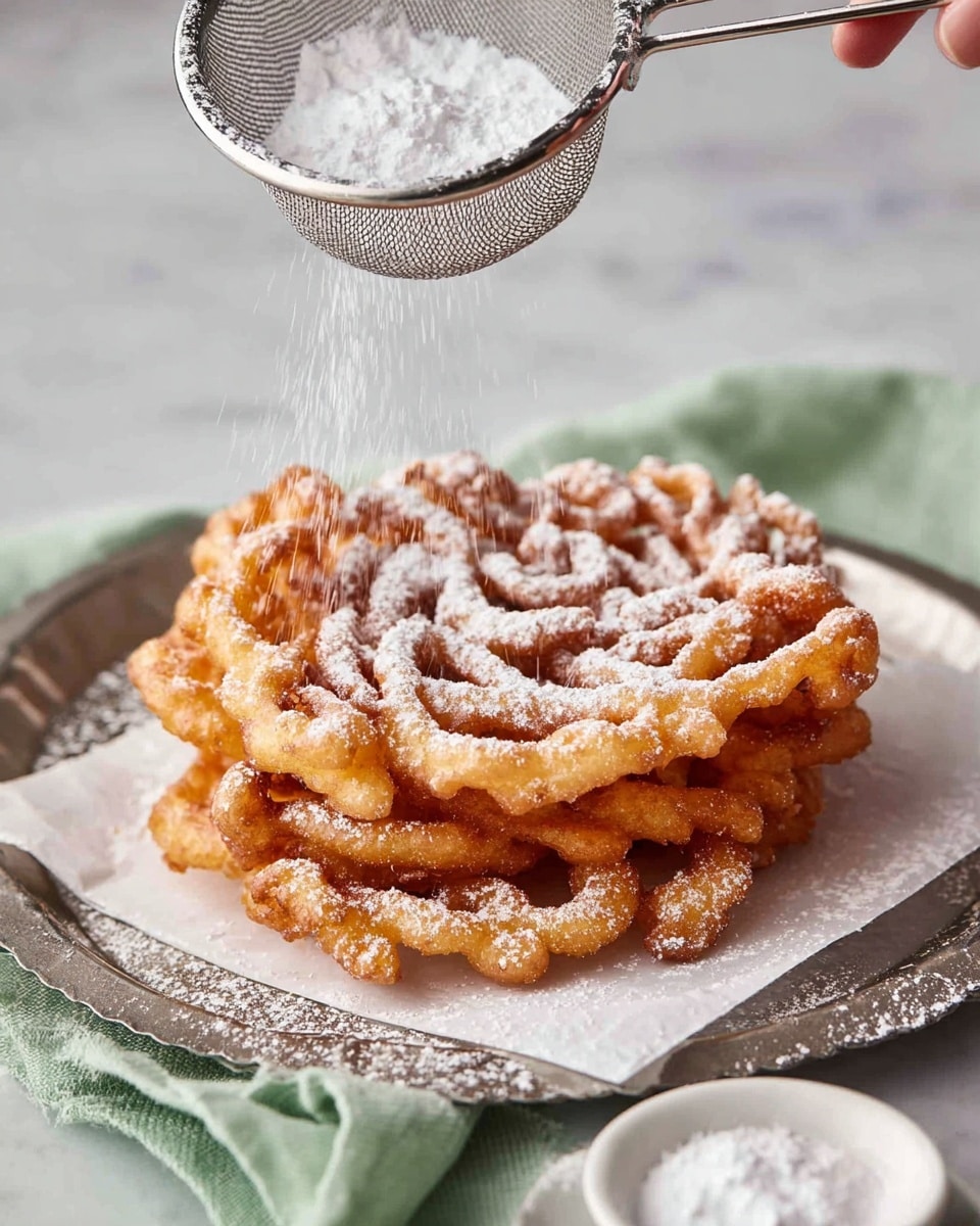 Three golden brown funnel cakes sit stacked on a white paper towel, each with a crispy, swirled texture and irregular edges. Powdered sugar falls gently from a metal mesh sifter held by a woman's hand above the cakes, creating a light dusting on the top cake. The stack rests on a silver tray draped with a soft, green cloth on a white marbled surface. In the lower right, a small white bowl holding more powdered sugar adds to the scene. Photo taken with an iphone --ar 4:5 --v 7