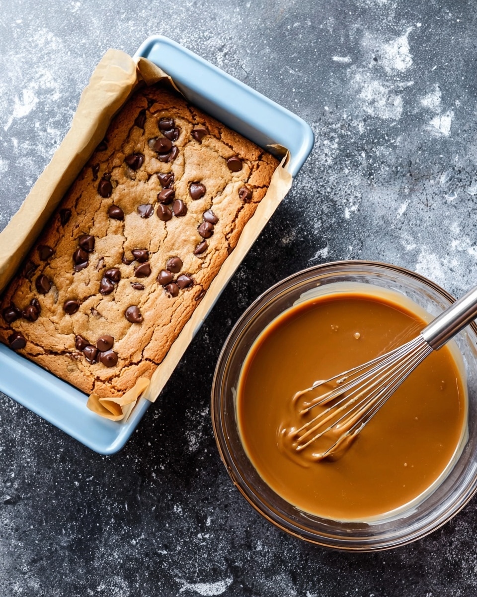 The image shows two side-by-side views on a dark surface: on the left, a light blue baking pan lined with parchment paper holding a fresh chocolate chip cookie bar with a golden-brown crust and visible, melted chocolate chips scattered in an even layer; on the right, a clear glass bowl containing a smooth caramel-colored sauce being mixed with a metal whisk. The background is a white marbled texture. photo taken with an iphone --ar 4:5 --v 7