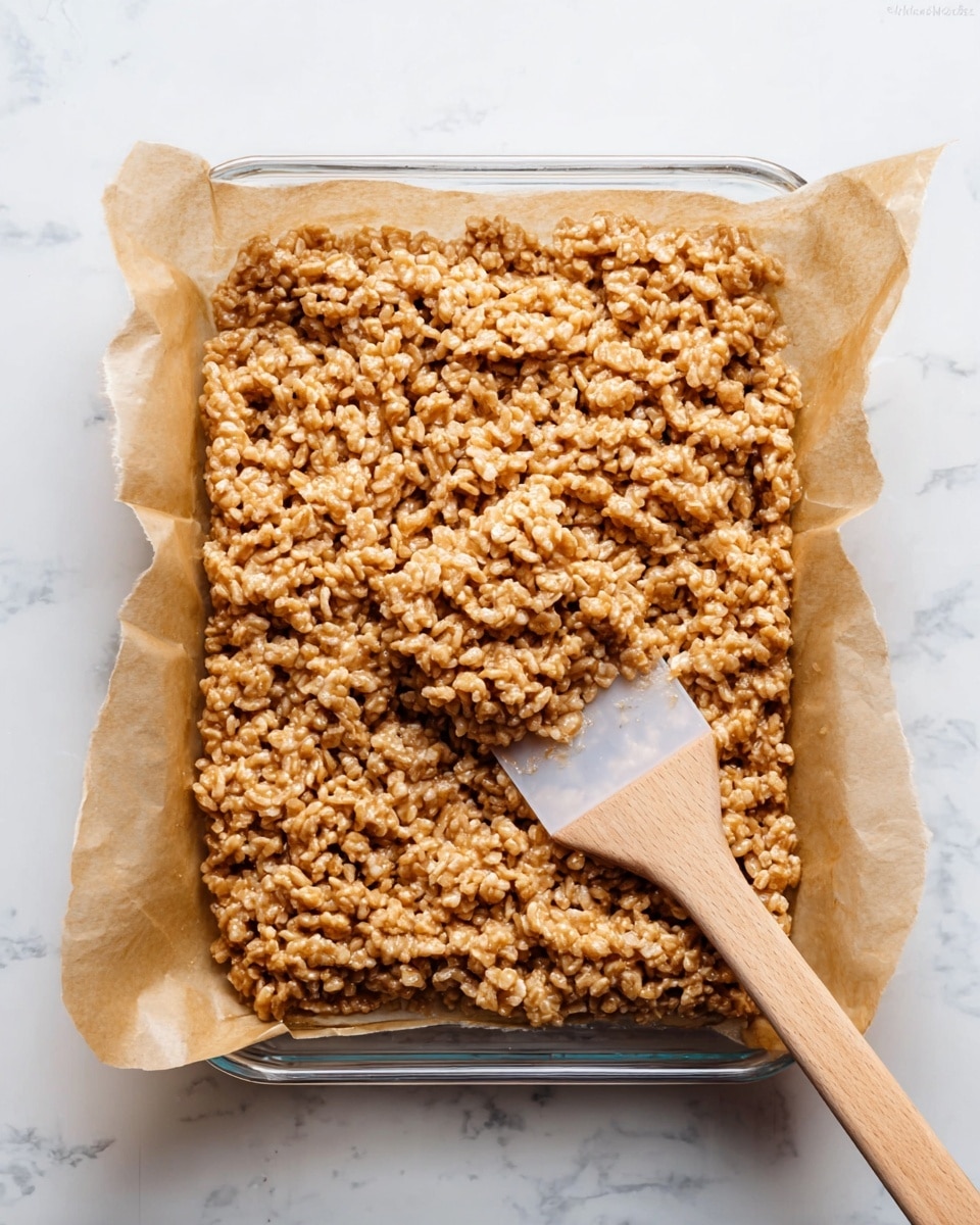 A glass rectangular dish lined with light brown parchment paper holds one thick layer of sticky, golden-brown crispy rice treat mixture, showing the texture of puffed rice clumped tightly together. A wooden spatula with a clear silicone blade rests partially on the mixture, spreading it flat. The scene is set on a white marbled surface. photo taken with an iphone --ar 4:5 --v 7
