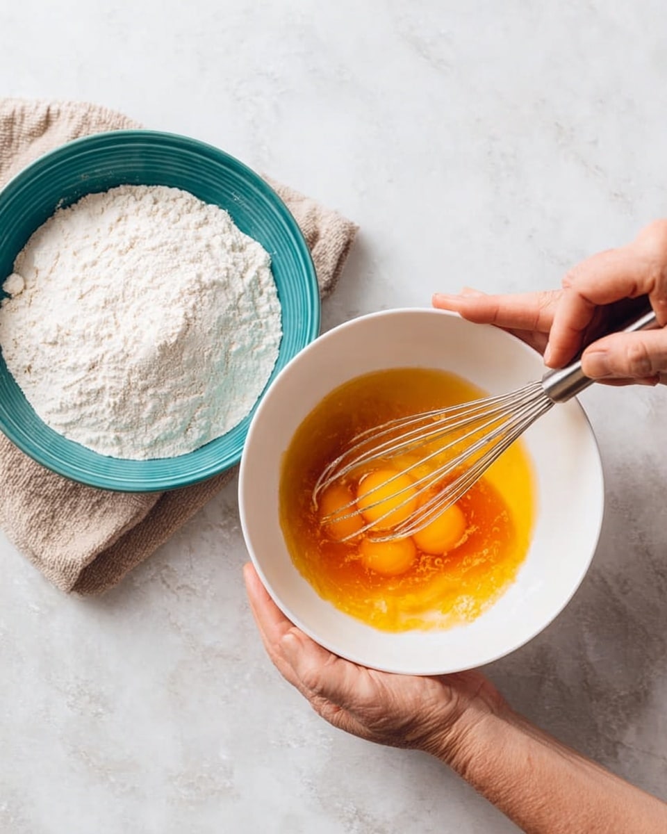 A close-up of two woman's hands holding a white bowl with raw egg yolks and orange liquid inside. One woman's hand holds a whisk mixing the ingredients. Next to it on a white marbled surface is a teal bowl full of white flour. The scene shows the start of mixing ingredients for baking. photo taken with an iphone --ar 4:5 --v 7