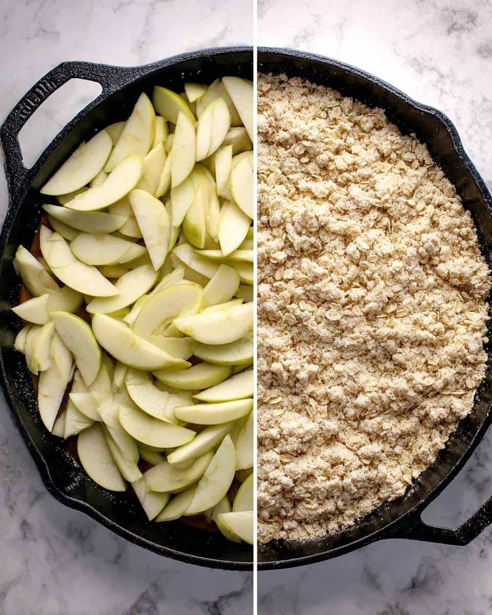 The image shows two side-by-side views of a black cast iron pan on a white marbled surface. On the left side, the pan is filled with a single layer of pale yellow-green, thinly sliced apple wedges arranged loosely, showing their smooth texture and slight sheen. On the right side, the pan is filled with a thick, even layer of crumbly topping made of light beige oats and brown sugar crumbs, covering the surface fully with a rough texture. Photo taken with an iphone --ar 4:5 --v 7
