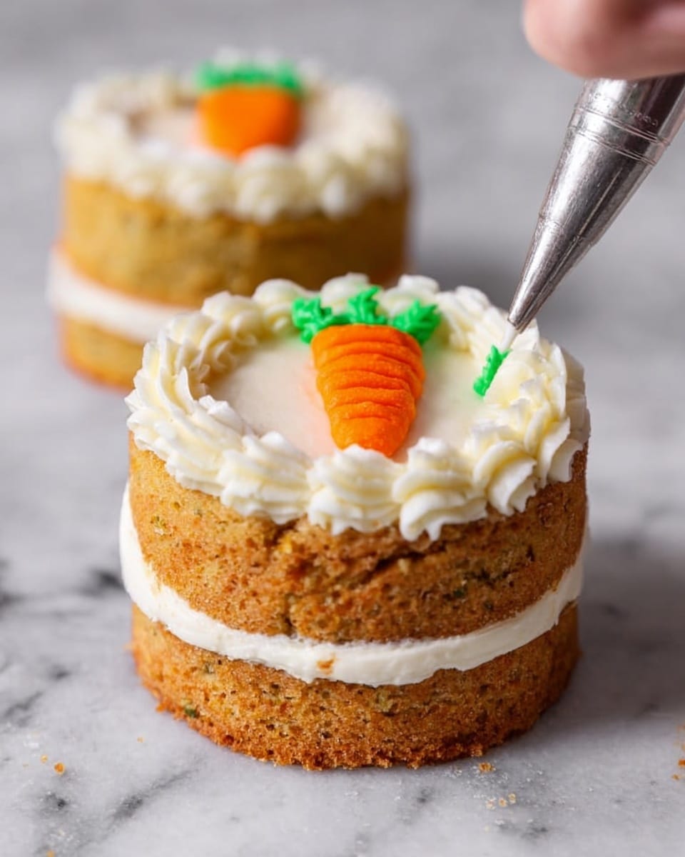 The image shows a small two-layer carrot cake on a white marbled surface. Each layer is golden brown with a soft, crumbly texture and has a thick layer of white cream between them. The top layer is decorated with white cream piped in a swirl along the edge, leaving the center flat. In the center is a small orange carrot shape made of frosting, detailed with ridges. On the right side, a woman's hand holds a piping bag adding small green leaves on top of the carrot. The overall look is clean and fresh with the cake standing proud on the surface. photo taken with an iphone --ar 4:5 --v 7