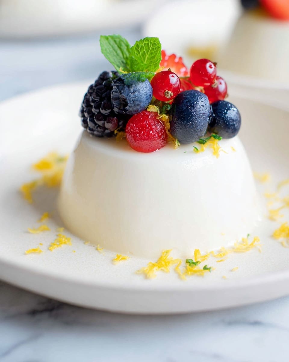 A small, smooth, white panna cotta dessert sits on a white plate with a white marbled background. The panna cotta is shaped like a short cylinder with slightly rounded edges. On top, there is a colorful cluster of fresh berries, including plump blueberries, a bright red raspberry, a shiny black blackberry, and a small red currant, all fresh and glossy. There is a small green mint leaf tucked among the berries. Tiny yellow zest shavings are sprinkled over the dessert and plate, adding a touch of color and texture. The image is softly lit with a shallow depth of field, focusing closely on the panna cotta. Photo taken with an iphone --ar 4:5 --v 7