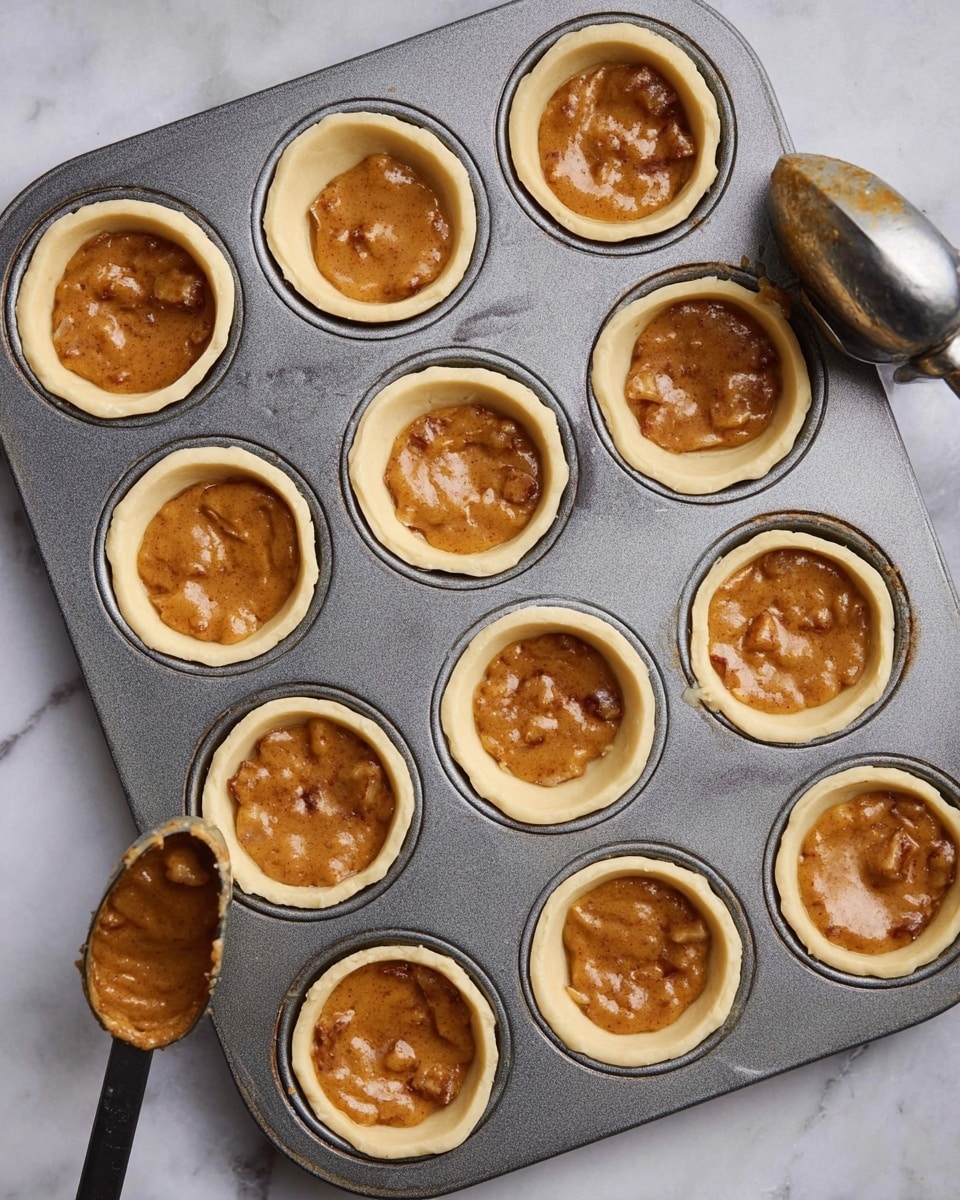 A metal muffin tray filled with twelve small tart shells lined with smooth, pale dough forming the base and edges of each tart; inside each shell is a golden brown filling with small chunks scattered throughout, giving a slightly rough texture on top. The tray sits on a white marbled surface with a silver ice cream scoop beside it, which contains some of the same brown filling. The overall look shows an unbaked preparation stage of mini tarts. Photo taken with an iphone --ar 4:5 --v 7