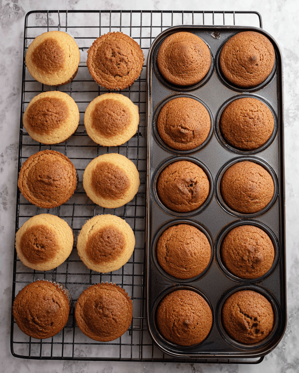Two metal muffin trays filled with twelve round baked muffins each are placed on black wire cooling racks. Each muffin has two layers: the bottom layer is a smooth, light beige dough forming a cup shape, and the top layer is a textured, slightly cracked brown cake that rises slightly above the edges. Some muffins have darker brown spots and uneven tops, showing a homemade look. The trays and racks rest on a white marbled surface. photo taken with an iphone --ar 4:5 --v 7