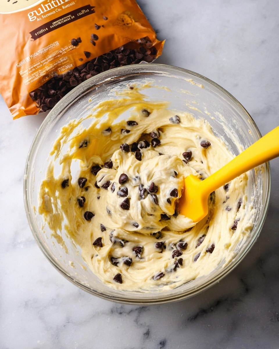 A clear glass bowl filled with a creamy, pale yellow batter mixed evenly with dark chocolate chips. A bright yellow spatula rests inside the bowl, partially submerged in the mixture, with some batter clinging to it. Behind the bowl, there is an orange package of semisweet chocolate chips. The bowl is placed on a white marbled surface. photo taken with an iphone --ar 4:5 --v 7