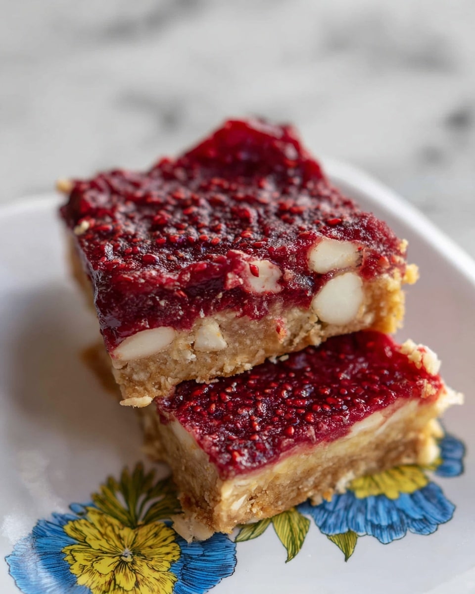 The image shows several square dessert bars stacked and arranged on a white marbled surface. Each bar has three distinct layers: the bottom and middle layers are golden brown with visible white marshmallow pieces and some nut or crumb texture, while the top layer is a bright, textured red raspberry swirl that looks slightly rough and fresh. Around the bars, a few fresh raspberries add a pop of color. The bars have clean edges and a moist appearance, with the raspberry layer standing out vividly against the golden brown base. Photo taken with an iphone --ar 4:5 --v 7