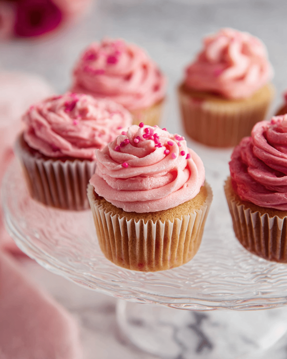A round gray plate holds five light brown cupcakes, each topped with pink frosting in two different styles: some with smooth swirled peaks and others with small rosettes and ruffled shapes, all sprinkled with thin pink sugar strands. Two fresh red strawberries with green leaves sit near the cupcakes on the plate. The plate is set on a soft pink cloth over a white marbled surface. Photo taken with an iphone --ar 4:5 --v 7