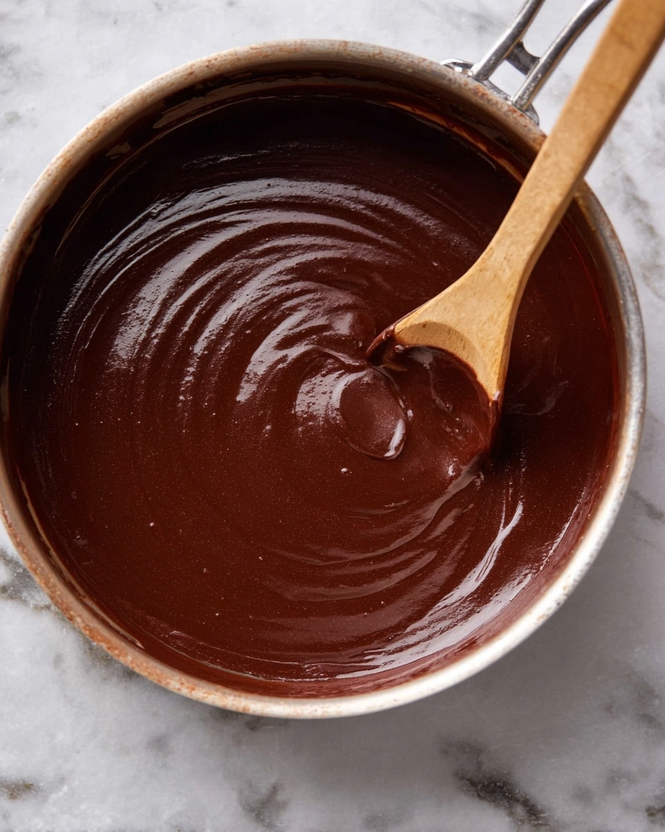 A close-up view of a shiny, smooth, thick dark brown chocolate sauce with a wooden spoon inside a metal pan. The sauce's surface is glossy with slight swirls where the spoon has moved it. The pan is resting on a white marbled texture with subtle gray veins. photo taken with an iphone --ar 4:5 --v 7