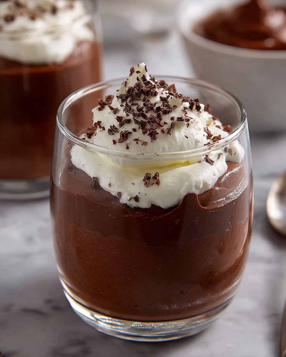 Two clear glass cups sit on a white marbled surface, each filled with a thick, dark brown chocolate mousse layer. On top of each mousse is a dollop of white whipped cream sprinkled with small dark chocolate shavings. A floral-patterned spoon is inside the front cup, with chocolate mousse smeared on the inner walls of the glass, showing the creamy texture. In the background, there's a glass bowl with more chocolate mousse and two colorful spoons beside it. photo taken with an iphone --ar 4:5 --v 7