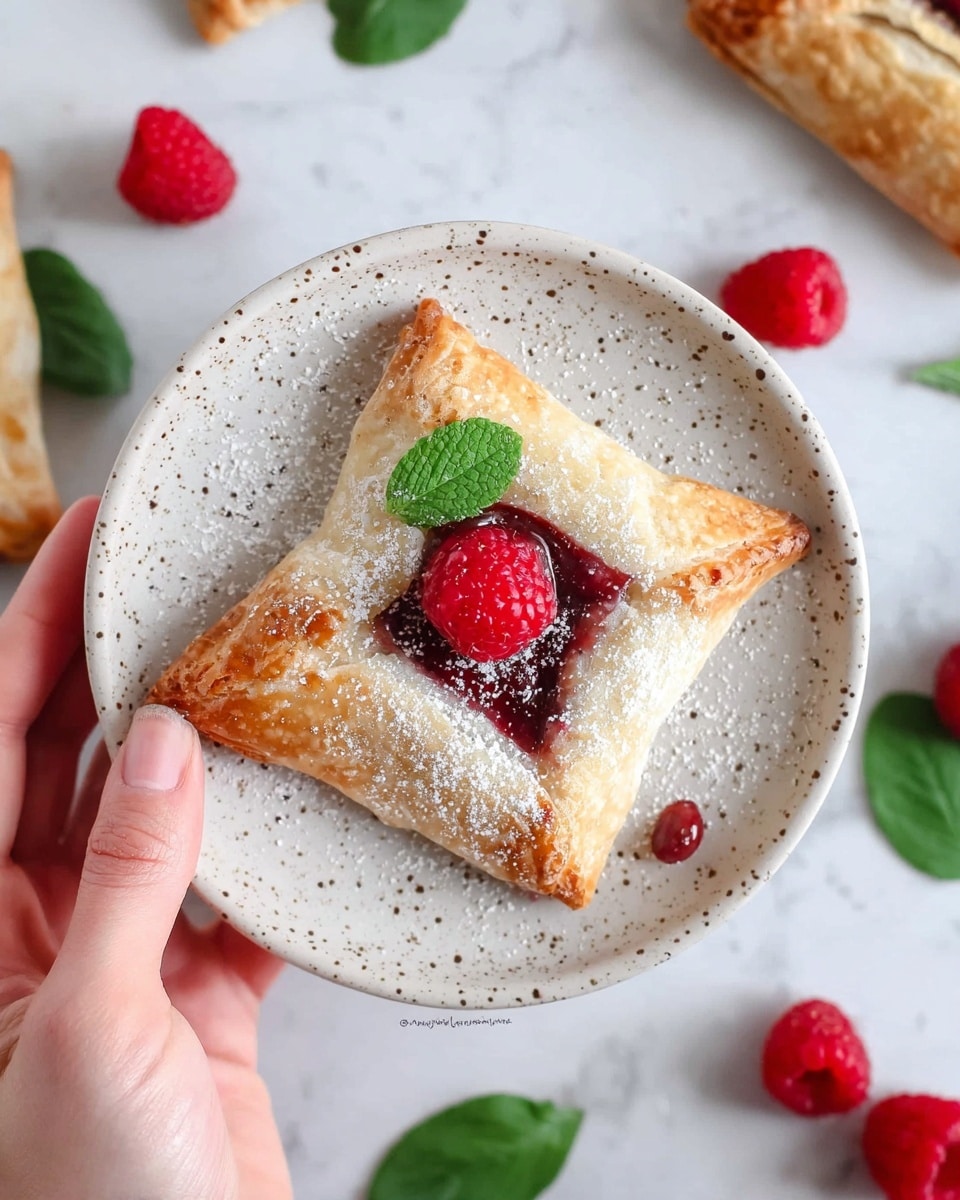 A golden-brown pastry square folded at the corners with a visible shiny dark red raspberry filling in the center, topped with a fresh red raspberry and a small green mint leaf, dusted lightly with white powdered sugar, resting on a white speckled plate. The plate is on a white marbled surface, surrounded by scattered fresh raspberries and green leaves. A woman's hand gently holds the pastry from the left side. Photo taken with an iphone --ar 4:5 --v 7