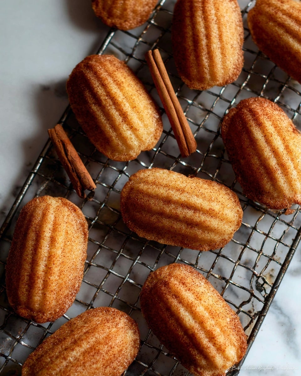 A cooling rack with nine golden brown madeleines arranged in a scattered pattern, each madeleine showing a textured shell shape with ridges and a soft, slightly bumpy surface dusted with cinnamon. Two cinnamon sticks are placed near the center-left on the cooling rack. The rack sits on a white marbled surface that is softly lit, highlighting the warm tones of the madeleines. photo taken with an iphone --ar 4:5 --v 7