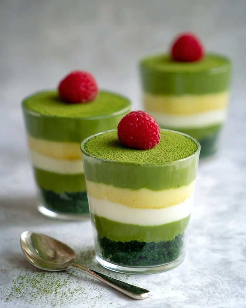 Three clear cups are filled with a layered dessert placed on a white marbled surface. Each cup has five layers: a dark green crumbly bottom layer, a light yellow creamy layer above it, a thick bright green mousse layer in the middle, followed by another light yellow creamy layer, and topped with a smooth bright green layer dusted with dark green powder. A single red raspberry sits on top of each cup. A silver spoon is placed on the surface next to the cups. Photo taken with an iphone --ar 4:5 --v 7