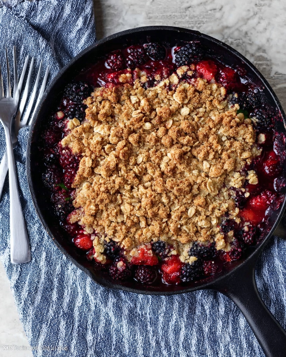 A round black skillet filled with a fruit crumble dessert that has two main layers; the bottom layer is dark red and purple cooked mixed berries, and the top layer is a golden brown, crumbly oat and nut topping with a rough texture showing some toasted bits. The dessert is on a white marbled surface covered partly by a blue and white striped cloth and a fork resting at the top left. Photo taken with an iphone --ar 4:5 --v 7