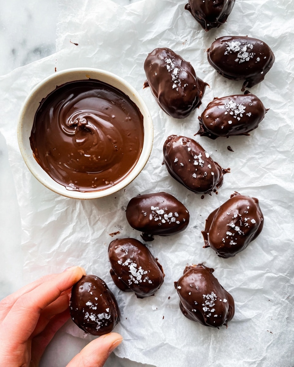 There are nine dark brown chocolate-covered dates spread out on crinkled white parchment paper over a white marbled surface. Each date is coated in shiny chocolate and topped with a few flakes of sea salt, creating a contrast with the smooth chocolate layer. In the top part of the image, there is a white bowl filled with melted chocolate showing a shiny, smooth, and slightly wrinkled texture on top. At the bottom left, a woman's hand is gently holding one of the chocolate-covered dates, adding a touch of human interaction to the scene. photo taken with an iphone --ar 4:5 --v 7