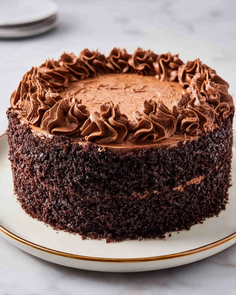 A round chocolate cake with two visible layers covered on the sides with dark, crumbly chocolate bits that create a rough texture. The top of the cake is decorated with a thick layer of smooth, piped chocolate frosting in wave-like patterns, giving a soft and creamy look. The cake is placed on a simple white plate with a thin gold rim, sitting on a white marbled surface. photo taken with an iphone --ar 4:5 --v 7