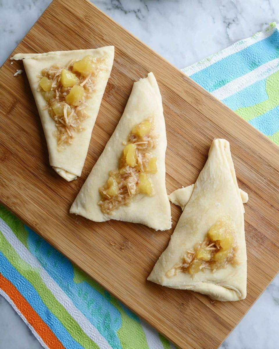 Four triangular pieces of light beige dough are laid out on a wooden cutting board over a white marbled surface. Each triangle has a small amount of yellowish fruit pieces mixed with light brown shreds placed near the wider end, ready to be rolled. The fruit pieces appear soft and coated with a light glaze, and the shreds add texture on top. Under the cutting board is a colorful diaper with blue, green, white, and orange stripes. photo taken with an iphone --ar 4:5 --v 7