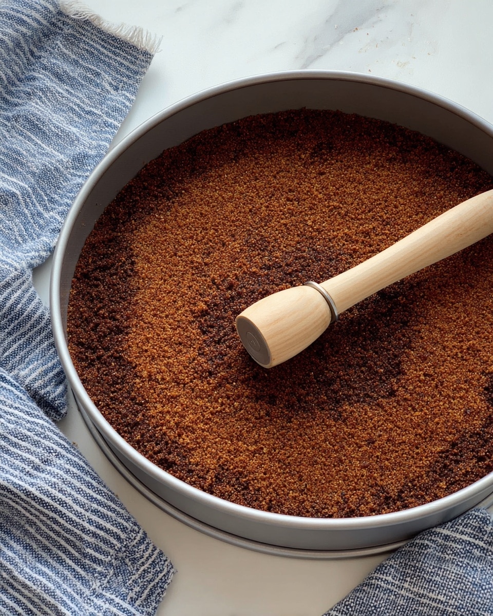 A round grey baking pan filled with one layer of finely crushed brown crumbs pressed evenly to form a smooth, flat base. A wooden tamper with a light natural finish rests on top of the crumbs, suggesting the crumbs have just been pressed down. The pan sits on a white marbled surface, next to a blue and white striped cloth. The overall scene is bright and clean. photo taken with an iphone --ar 4:5 --v 7
