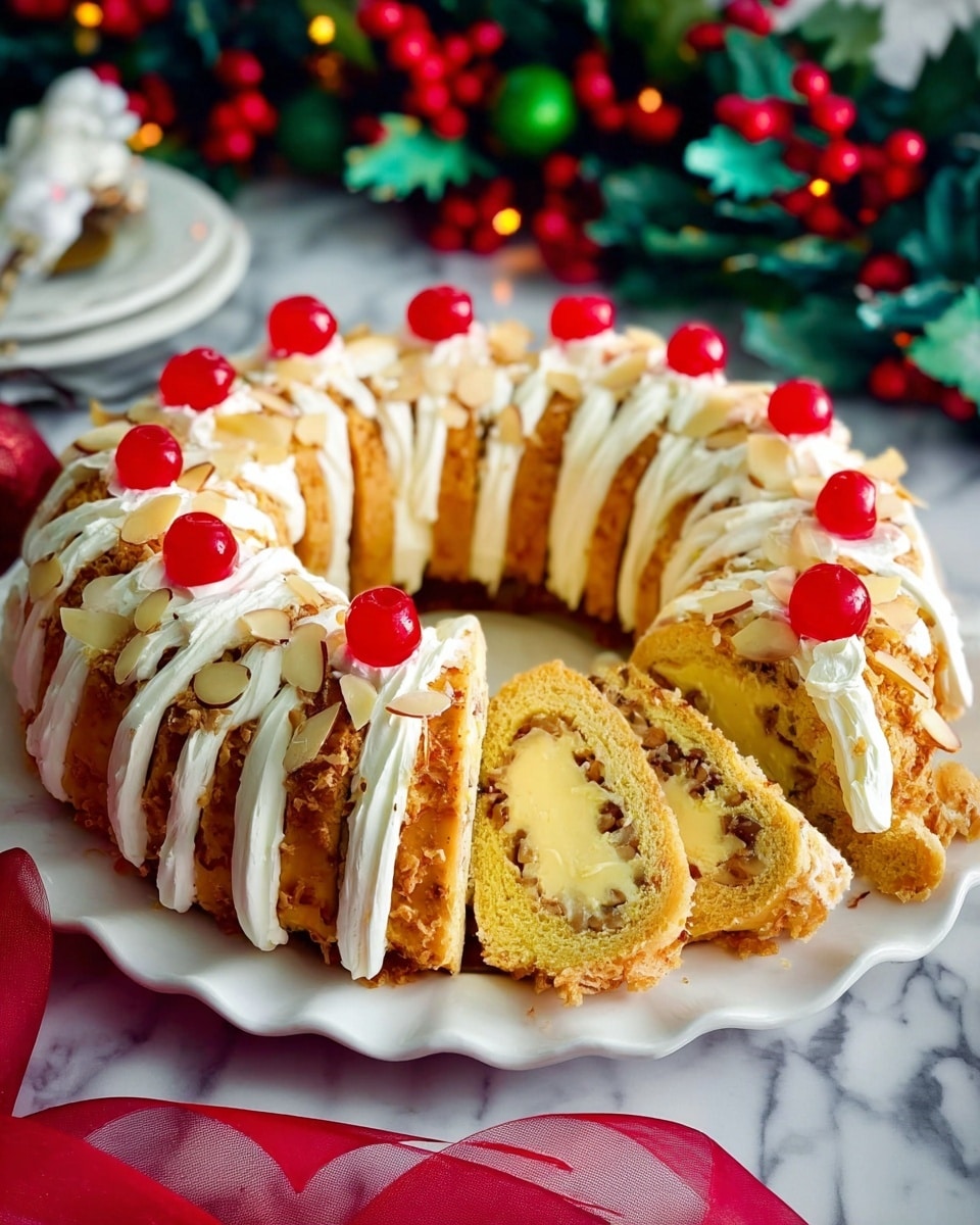 The dish is a circular, ring-shaped dessert with about 12 slices joined together on a white plate with scalloped edges. Each slice has three visible layers: a golden brown outer dough, a creamy light yellow filling in the middle, and bits of a crumbly walnut-like texture near the filling. White whipped cream lines the top of each slice in narrow vertical stripes, each topped with a single bright red cherry. Thin almond slices are gently placed on the whipped cream on some slices. A red sheer ribbon is partially visible under the plate. The background has festive holiday decorations with green leaves and red berries on a white marbled surface. Photo taken with an iphone --ar 4:5 --v 7