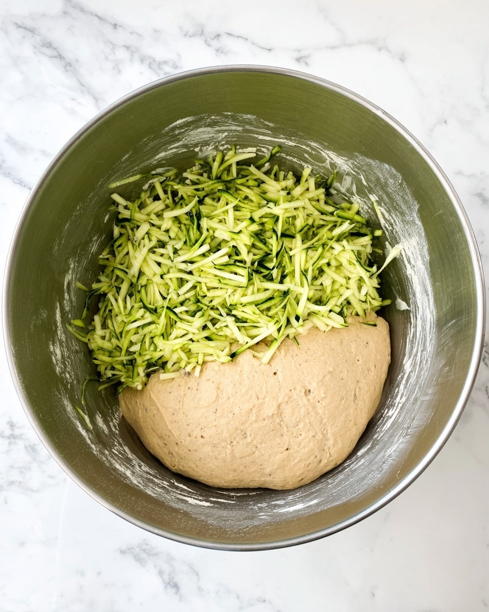 A stainless steel mixing bowl sits on a white marbled surface with two clear layers inside; the bottom layer is a thick, light brown dough with a rough texture, and the top layer is a heap of shredded green zucchini with a moist and fibrous look, piled mostly on one side of the bowl. The inside sides of the bowl show some flour dust and smudges of dough. Photo taken with an iphone --ar 4:5 --v 7
