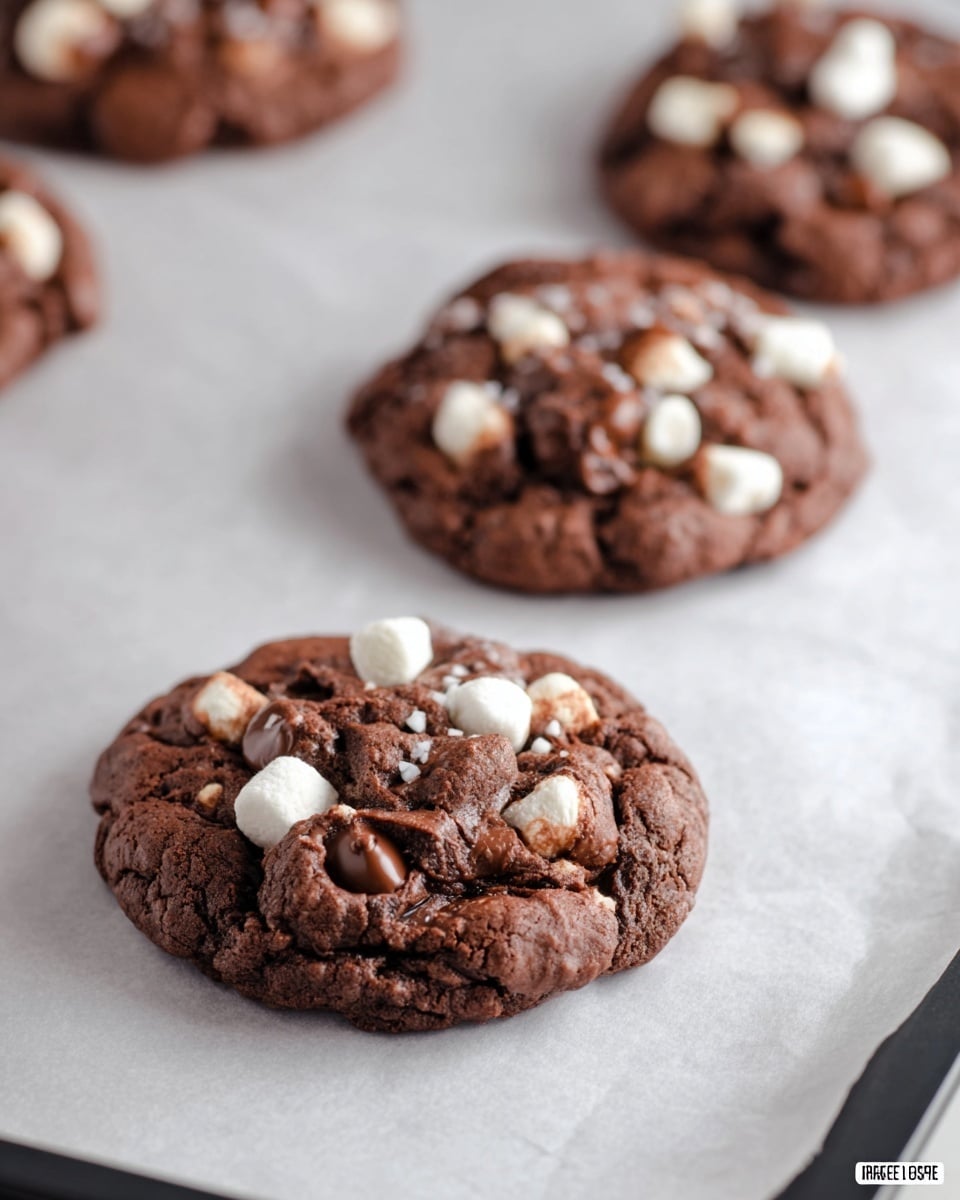 This image shows several thick chocolate cookies on white parchment paper with a baking tray edge partly visible. Each cookie has an uneven, rough surface with dark brown color and is filled with small white marshmallows and chocolate chips, making a bumpy texture. The cookies are placed spaced apart on the paper, with the cookie in the foreground sharp and detailed, showing the soft texture and some melting chocolate. The background has a white marbled texture that blends softly out of focus. photo taken with an iphone --ar 4:5 --v 7