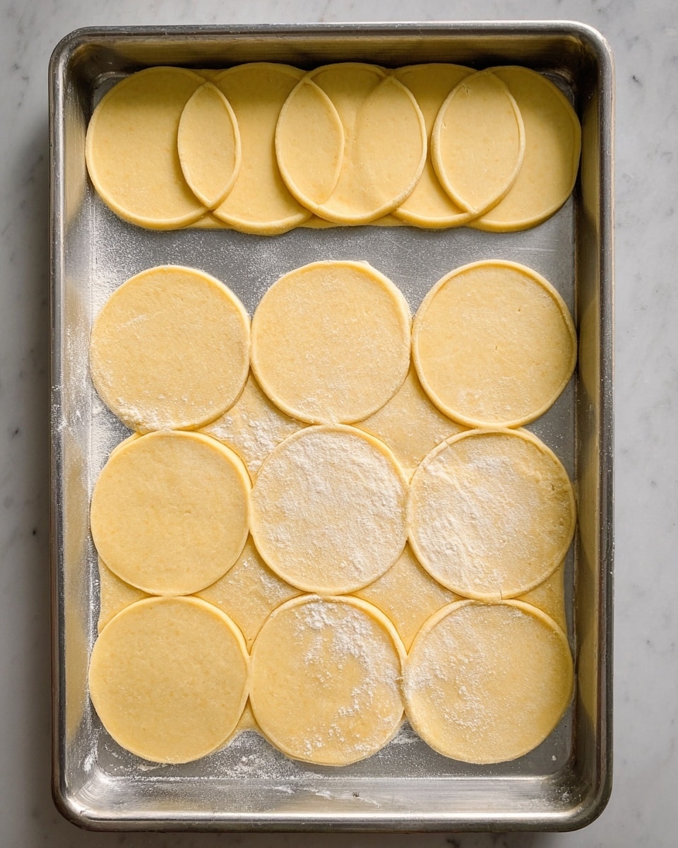 The image shows a metal baking tray on a white marbled surface, with rolled out light yellow dough spread thin and circular cutouts pressed into it. There are seven round dough pieces cut out on the main dough sheet, arranged in a pattern, and seven fully cut and separate dough circles lined up along the top edge of the tray. The dough has a dusting of flour giving it a slightly powdery texture. The tray occupies most of the image, and the dough circles are smooth and even in size, ready for use. photo taken with an iphone --ar 4:5 --v 7